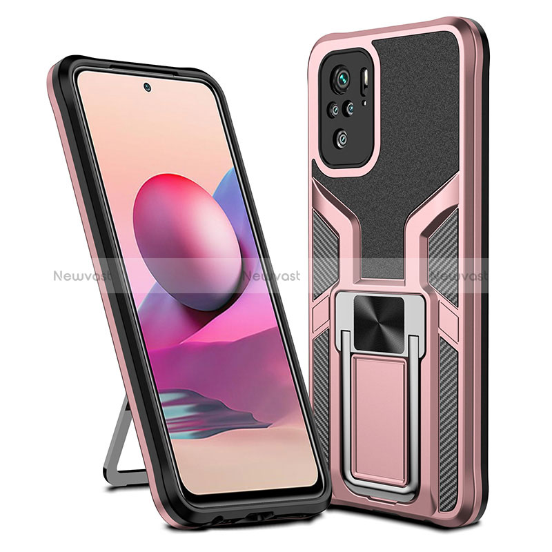 Silicone Matte Finish and Plastic Back Cover Case with Magnetic Finger Ring Stand ZL1 for Xiaomi Redmi Note 10 4G Rose Gold