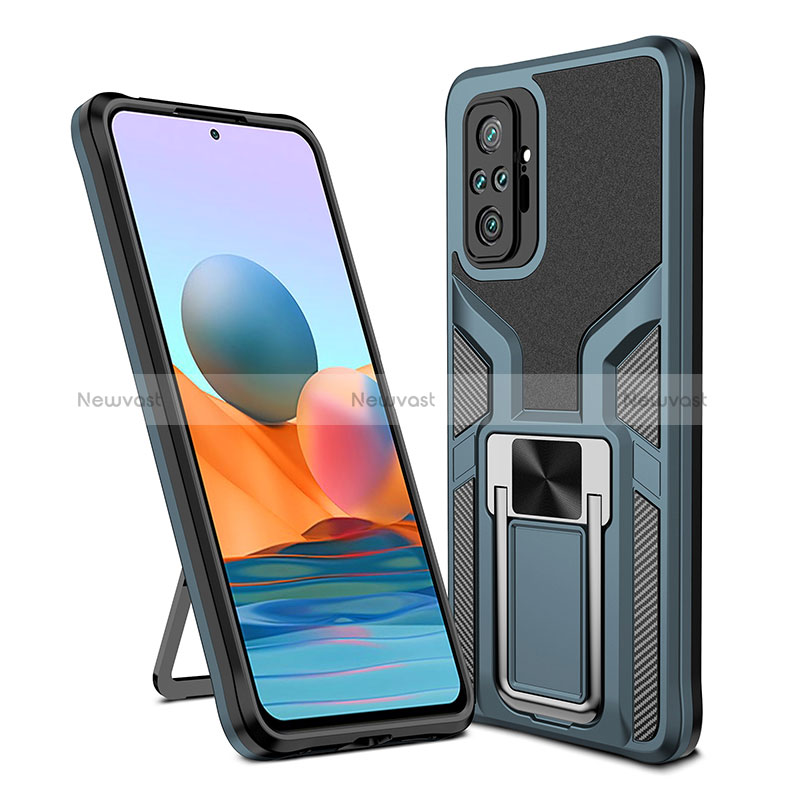 Silicone Matte Finish and Plastic Back Cover Case with Magnetic Finger Ring Stand ZL1 for Xiaomi Redmi Note 10 Pro 4G Cyan