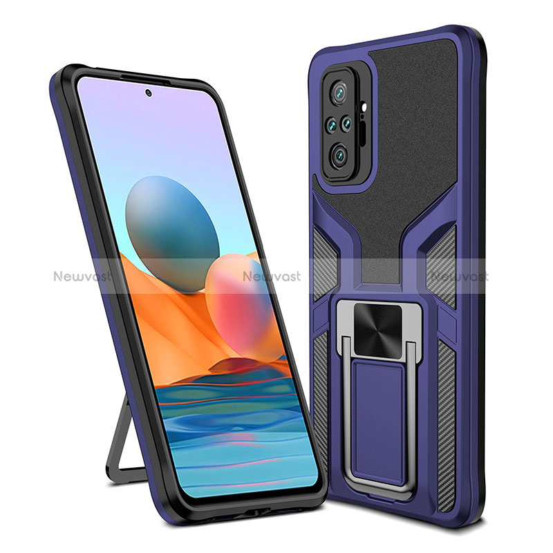 Silicone Matte Finish and Plastic Back Cover Case with Magnetic Finger Ring Stand ZL1 for Xiaomi Redmi Note 10 Pro Max Blue