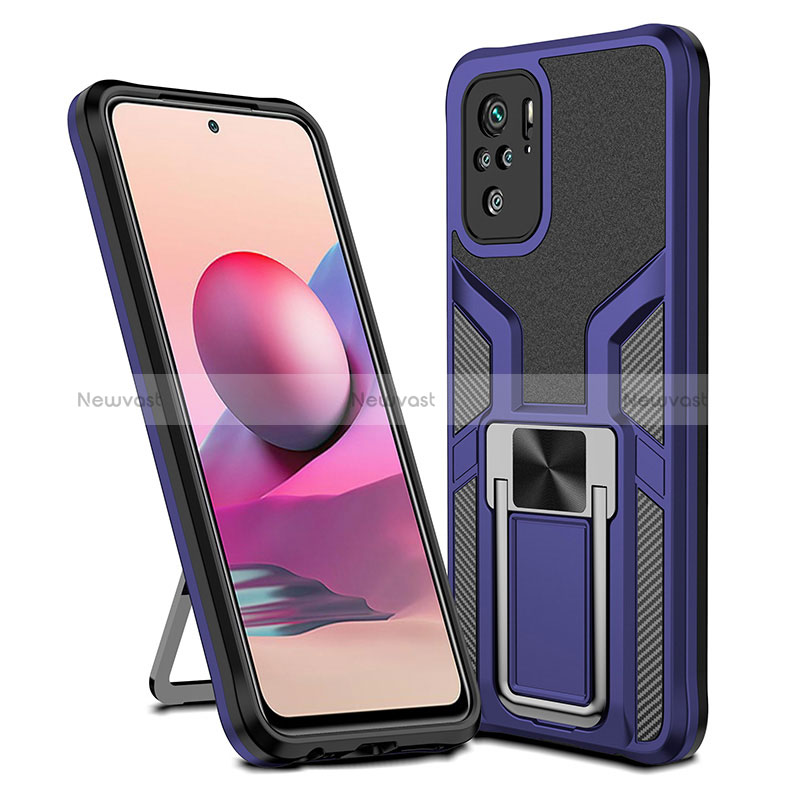 Silicone Matte Finish and Plastic Back Cover Case with Magnetic Finger Ring Stand ZL1 for Xiaomi Redmi Note 10S 4G Blue