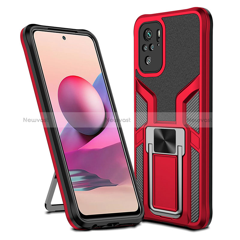 Silicone Matte Finish and Plastic Back Cover Case with Magnetic Finger Ring Stand ZL1 for Xiaomi Redmi Note 10S 4G Red