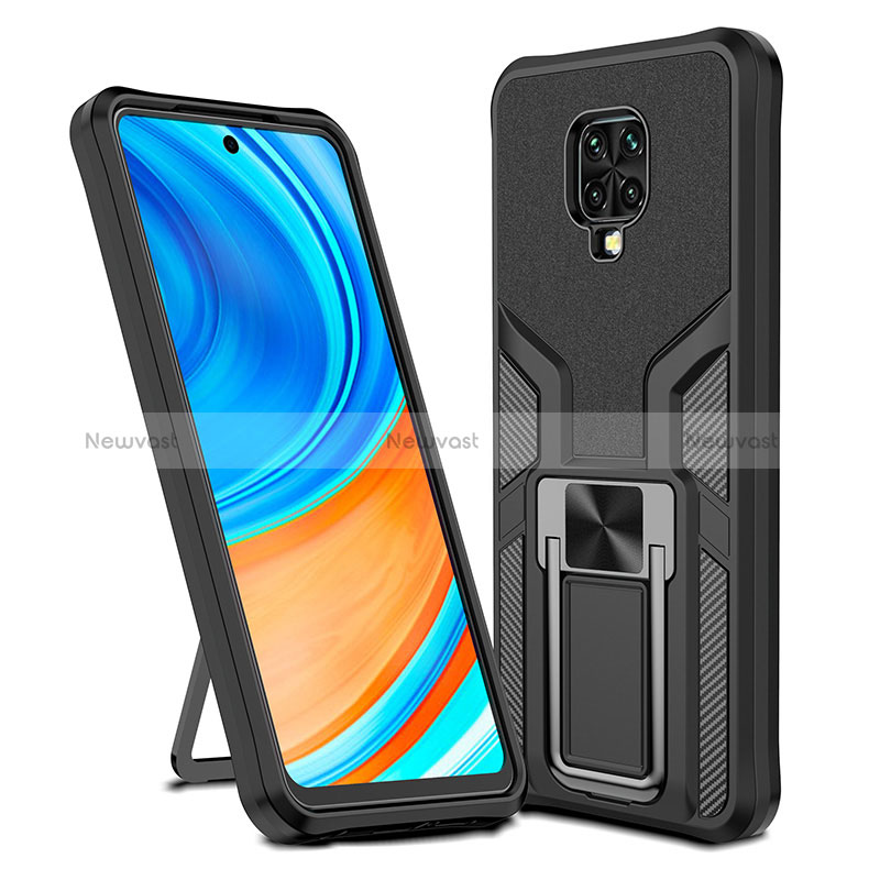 Silicone Matte Finish and Plastic Back Cover Case with Magnetic Finger Ring Stand ZL1 for Xiaomi Redmi Note 9 Pro Max Black