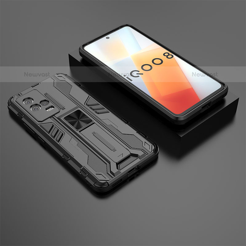 Silicone Matte Finish and Plastic Back Cover Case with Magnetic Stand A01 for Vivo iQOO 8 5G Black