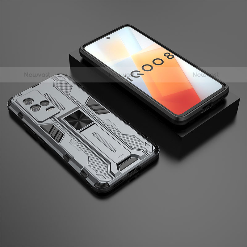 Silicone Matte Finish and Plastic Back Cover Case with Magnetic Stand A01 for Vivo iQOO 8 5G Gray