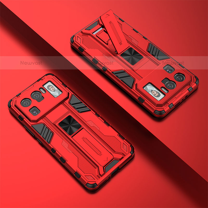 Silicone Matte Finish and Plastic Back Cover Case with Magnetic Stand A01 for Xiaomi Mi 11 Ultra 5G Red