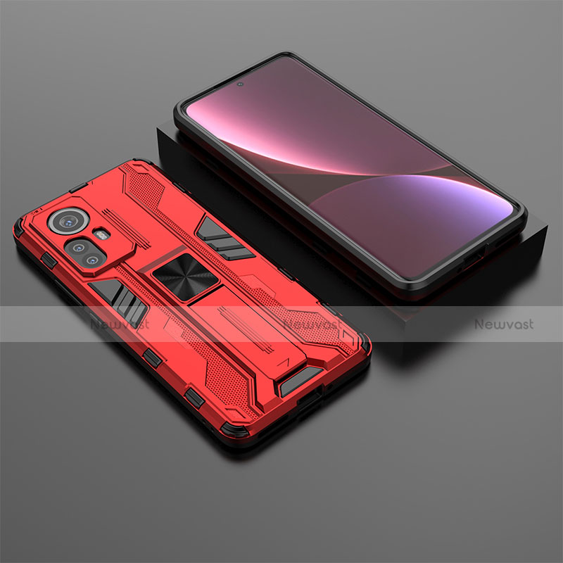 Silicone Matte Finish and Plastic Back Cover Case with Magnetic Stand A01 for Xiaomi Mi 12 5G Red