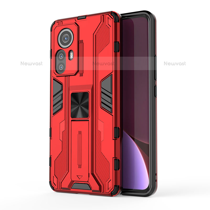 Silicone Matte Finish and Plastic Back Cover Case with Magnetic Stand A02 for Xiaomi Mi 12 Lite 5G Red