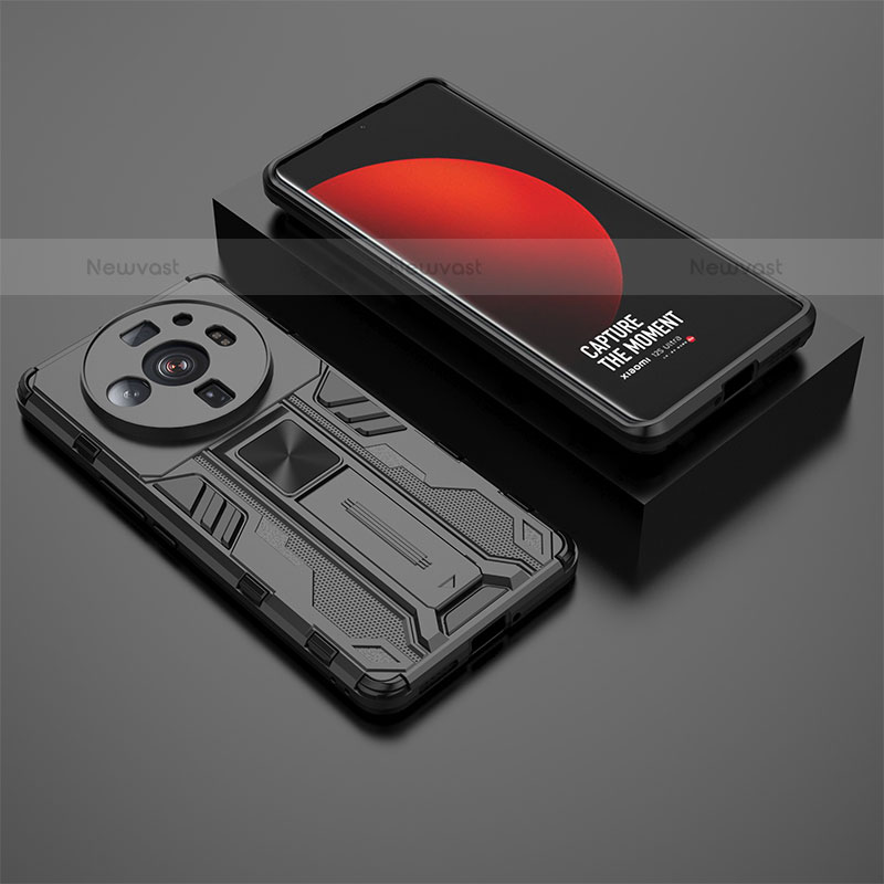 Silicone Matte Finish and Plastic Back Cover Case with Magnetic Stand A02 for Xiaomi Mi 12 Ultra 5G Black