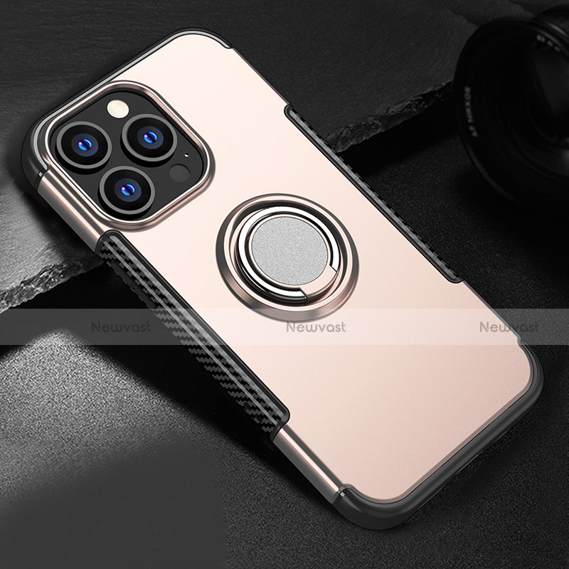 Silicone Matte Finish and Plastic Back Cover Case with Magnetic Stand A08 for Apple iPhone 13 Pro Rose Gold