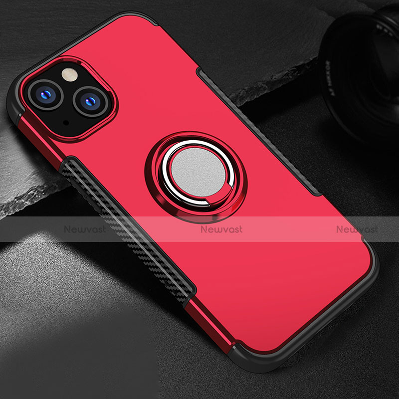 Silicone Matte Finish and Plastic Back Cover Case with Magnetic Stand A08 for Apple iPhone 14 Plus Red