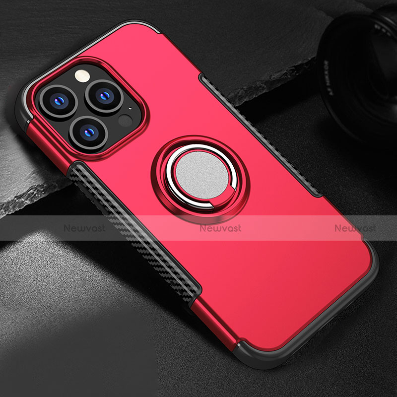 Silicone Matte Finish and Plastic Back Cover Case with Magnetic Stand A08 for Apple iPhone 15 Pro Red