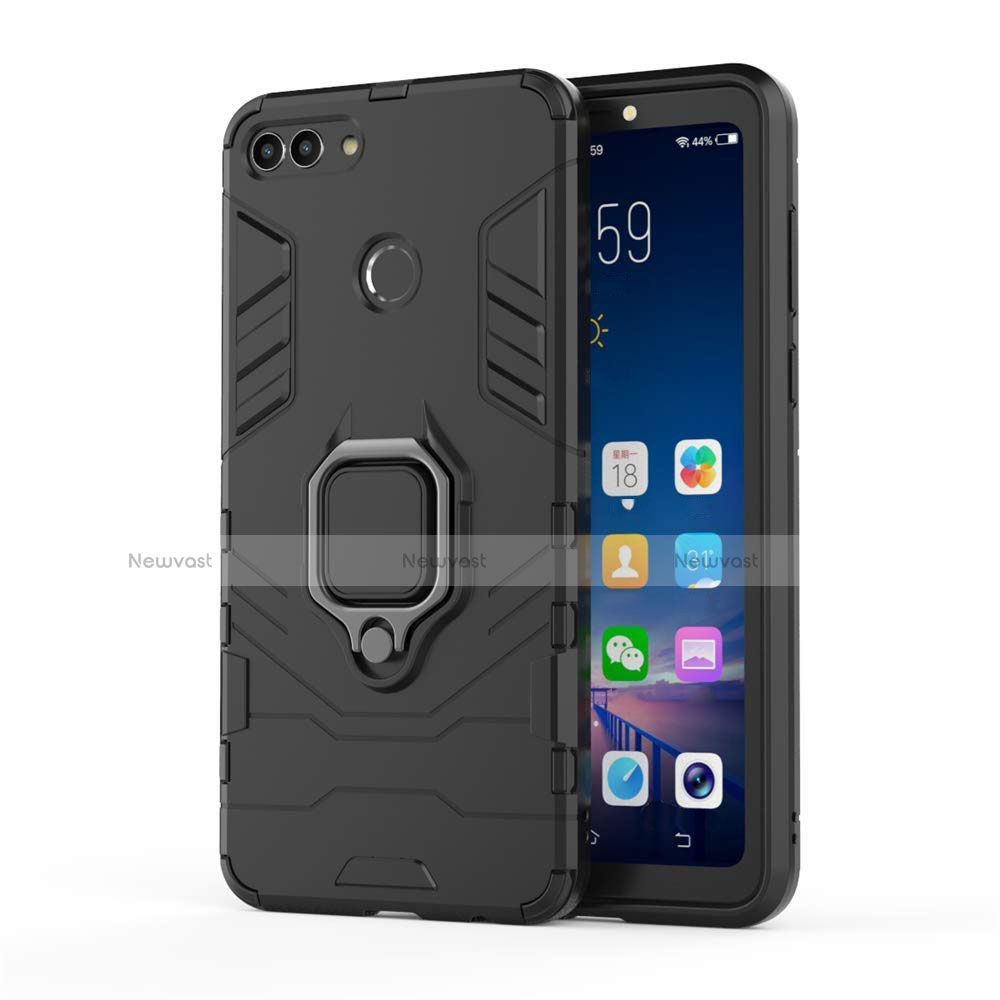 Silicone Matte Finish and Plastic Back Cover Case with Magnetic Stand for Huawei Enjoy 8 Plus Black