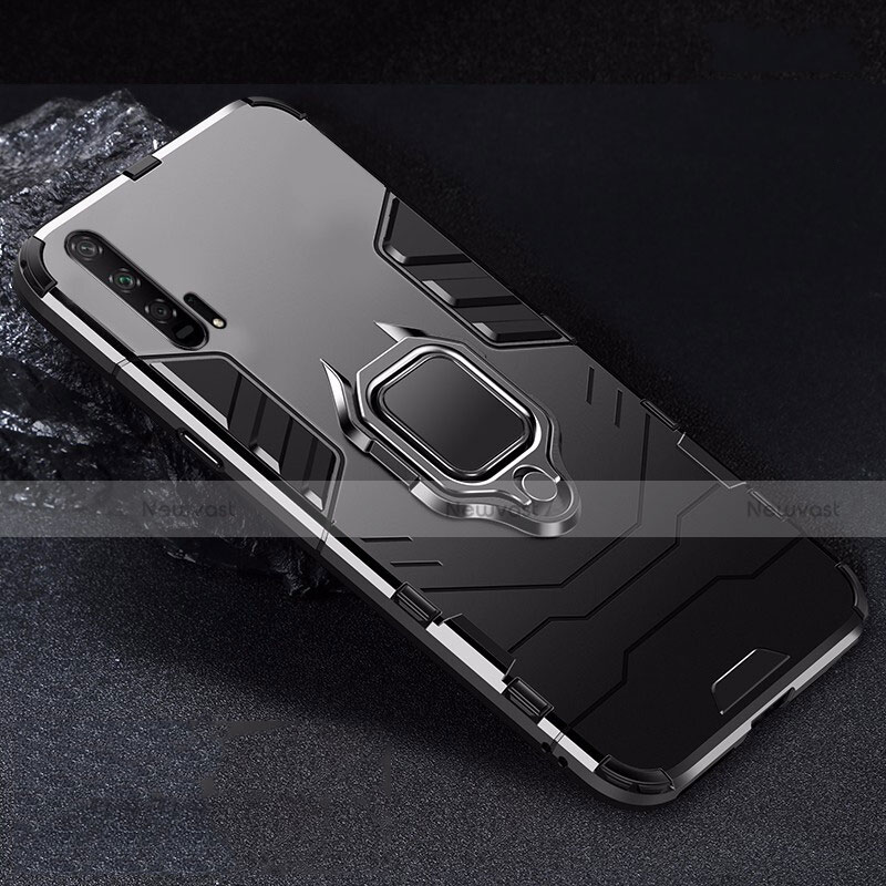 Silicone Matte Finish and Plastic Back Cover Case with Magnetic Stand for Huawei Honor 20 Pro Black