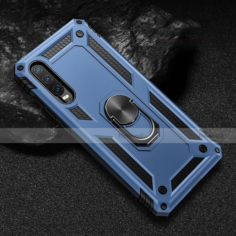 Silicone Matte Finish and Plastic Back Cover Case with Magnetic Stand for Huawei P30 Blue