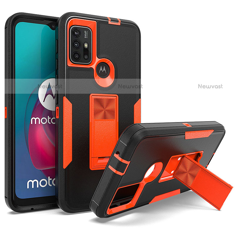 Silicone Matte Finish and Plastic Back Cover Case with Magnetic Stand for Motorola Moto G10 Orange