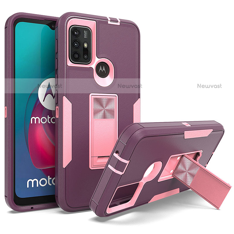 Silicone Matte Finish and Plastic Back Cover Case with Magnetic Stand for Motorola Moto G10 Power Purple