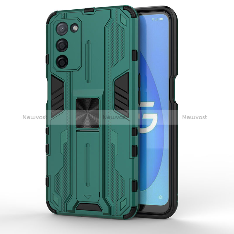 Silicone Matte Finish and Plastic Back Cover Case with Magnetic Stand for Oppo A53s 5G Green