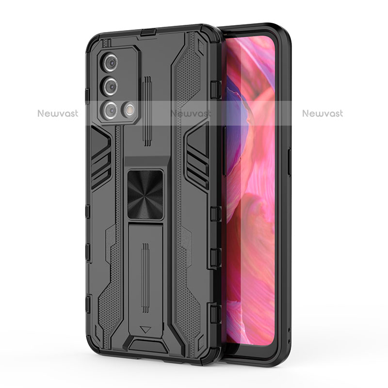 Silicone Matte Finish and Plastic Back Cover Case with Magnetic Stand for Oppo A74 4G Black
