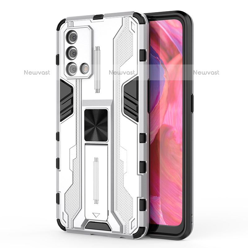 Silicone Matte Finish and Plastic Back Cover Case with Magnetic Stand for Oppo A74 4G White