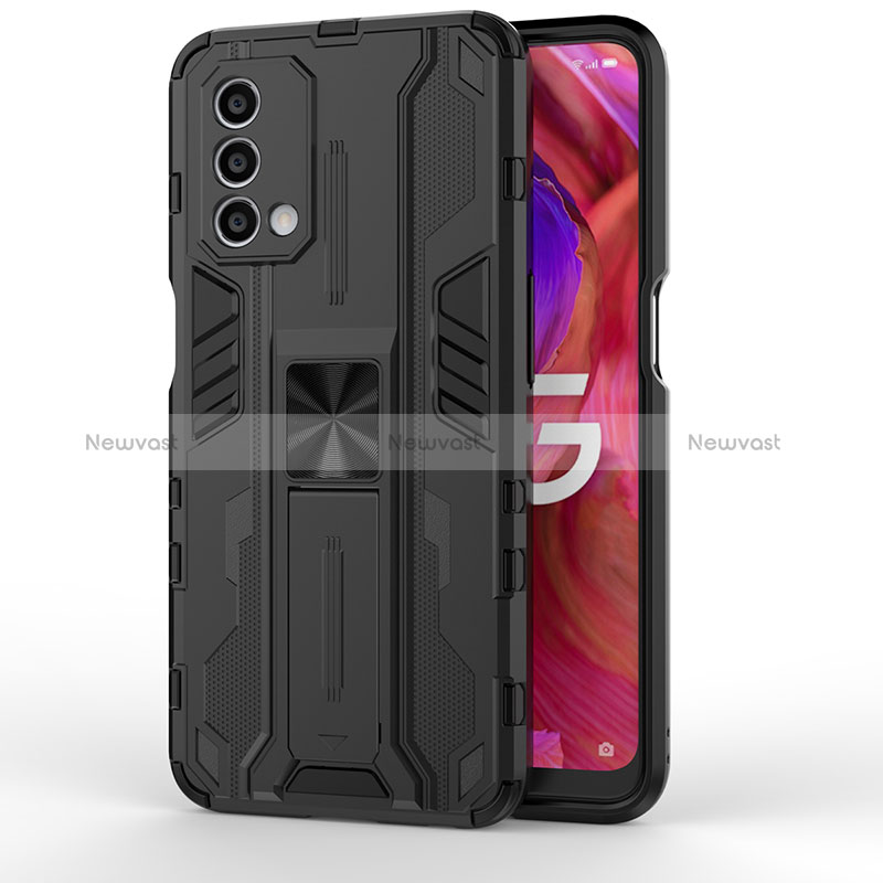 Silicone Matte Finish and Plastic Back Cover Case with Magnetic Stand for Oppo A74 5G Black