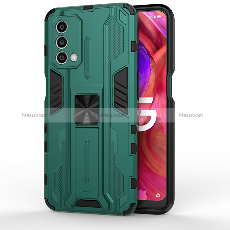 Silicone Matte Finish and Plastic Back Cover Case with Magnetic Stand for Oppo A74 5G Green