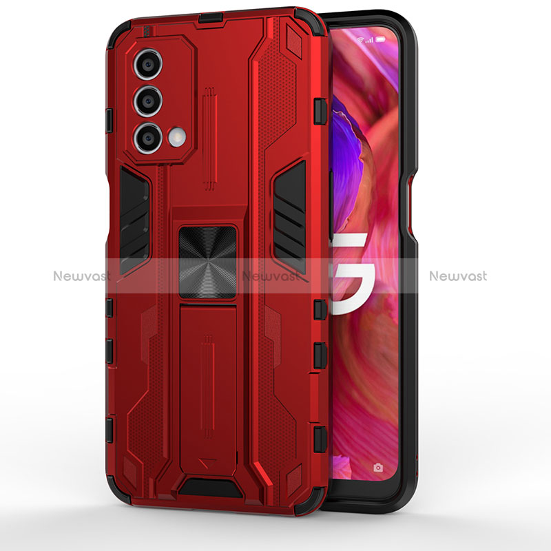 Silicone Matte Finish and Plastic Back Cover Case with Magnetic Stand for Oppo A74 5G Red