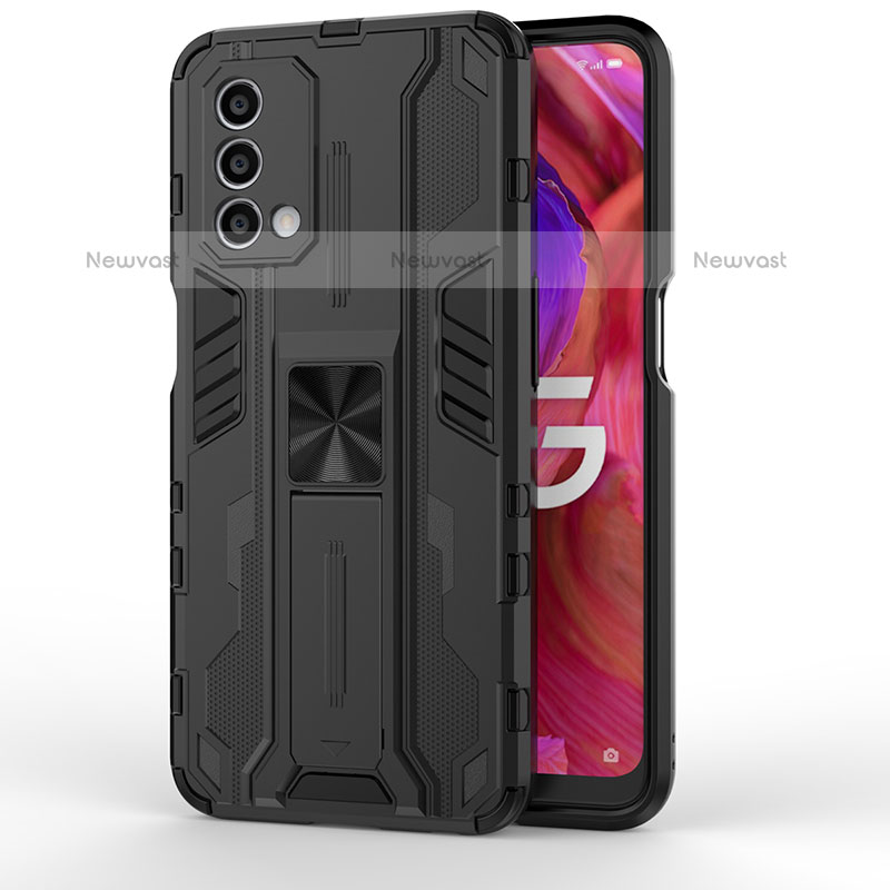 Silicone Matte Finish and Plastic Back Cover Case with Magnetic Stand for Oppo A93 5G Black