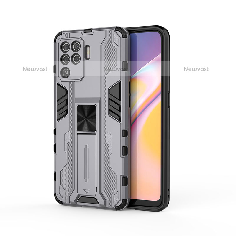 Silicone Matte Finish and Plastic Back Cover Case with Magnetic Stand for Oppo A94 4G Gray