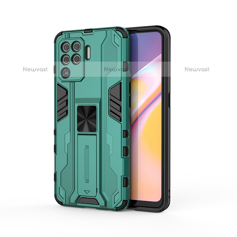 Silicone Matte Finish and Plastic Back Cover Case with Magnetic Stand for Oppo A94 4G Green