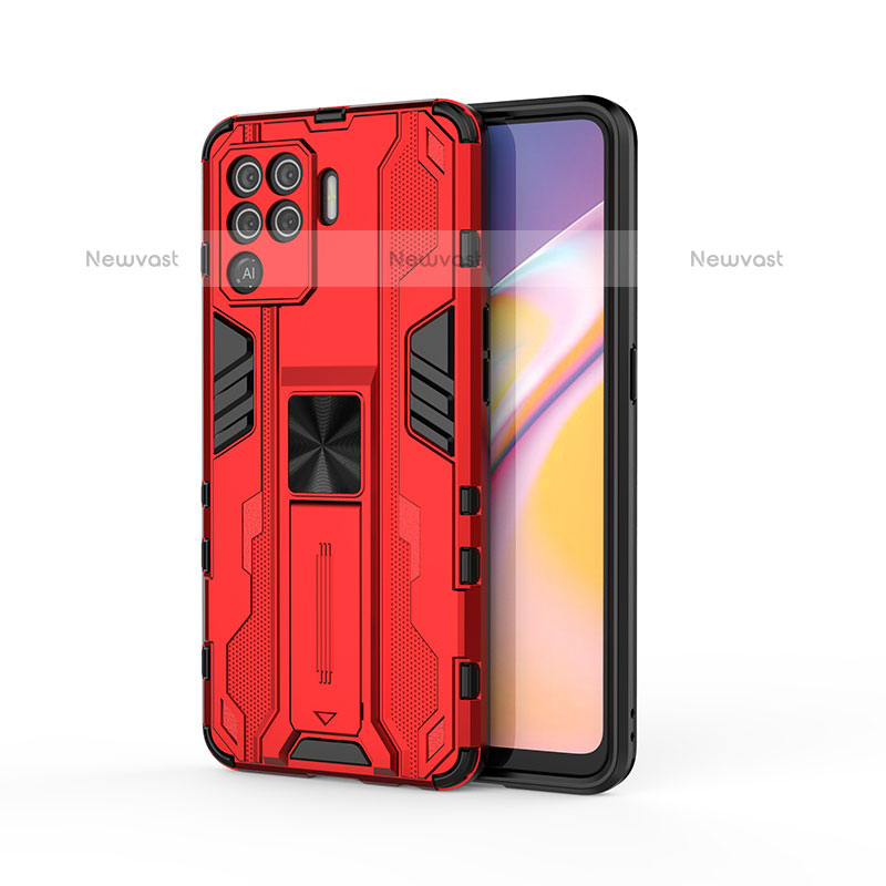 Silicone Matte Finish and Plastic Back Cover Case with Magnetic Stand for Oppo A94 4G Red