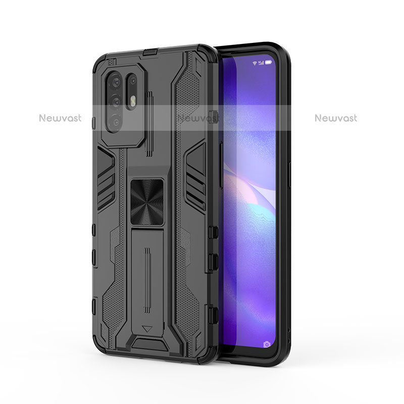 Silicone Matte Finish and Plastic Back Cover Case with Magnetic Stand for Oppo A94 5G Black