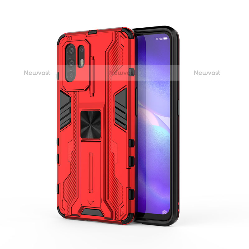 Silicone Matte Finish and Plastic Back Cover Case with Magnetic Stand for Oppo A94 5G Red