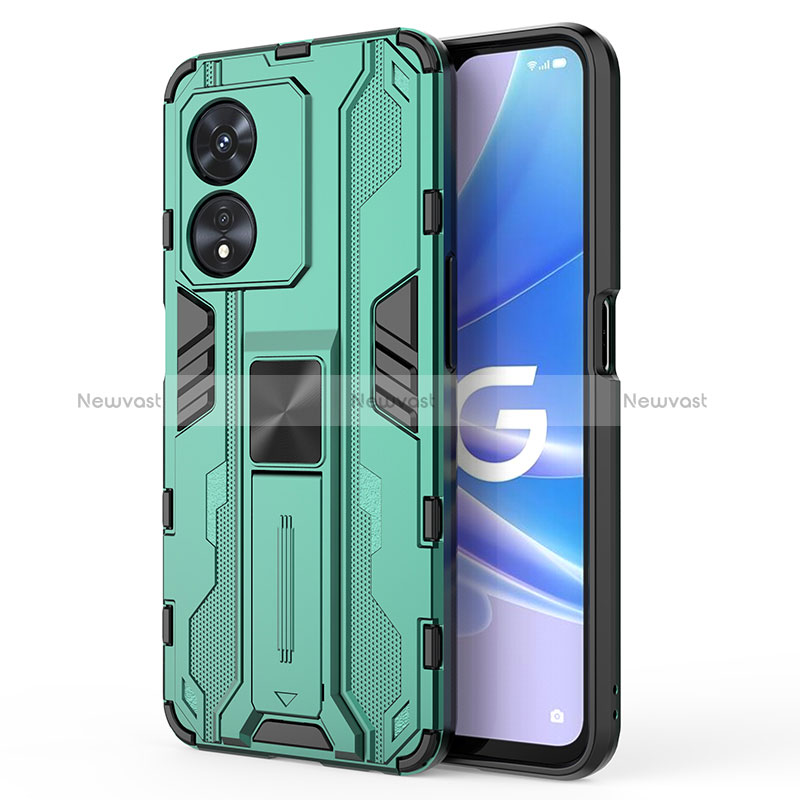 Silicone Matte Finish and Plastic Back Cover Case with Magnetic Stand for Oppo A97 5G Green