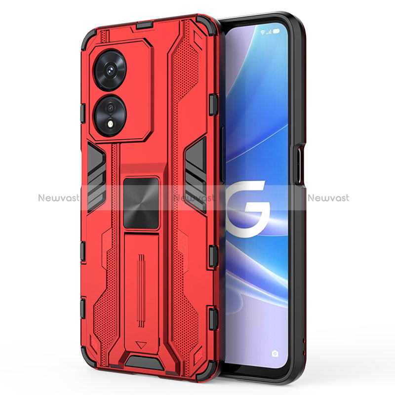 Silicone Matte Finish and Plastic Back Cover Case with Magnetic Stand for Oppo A98 5G Red