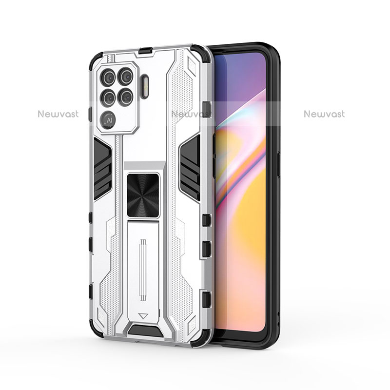 Silicone Matte Finish and Plastic Back Cover Case with Magnetic Stand for Oppo F19 Pro