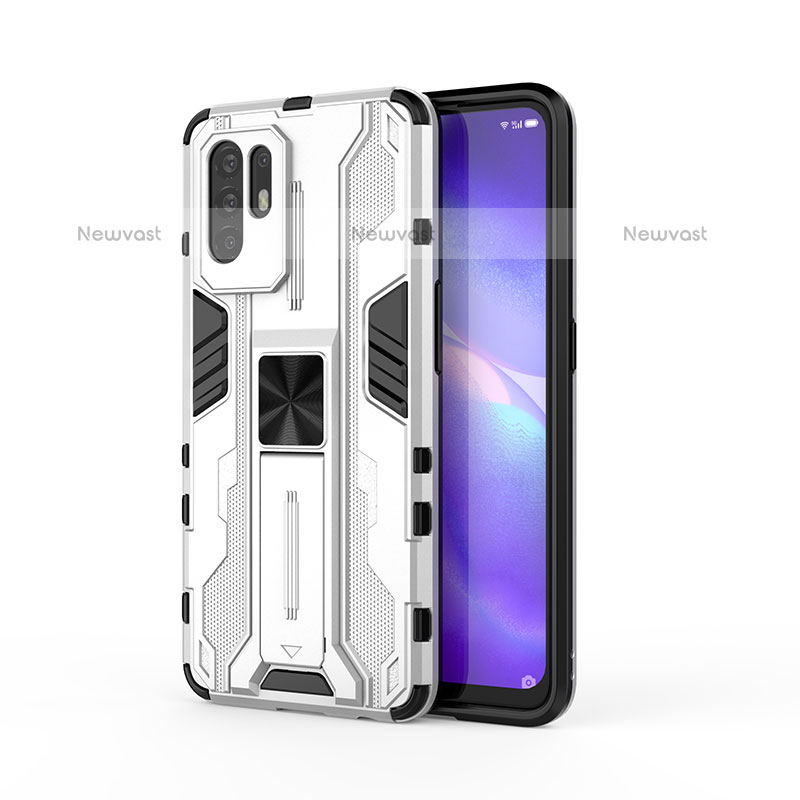 Silicone Matte Finish and Plastic Back Cover Case with Magnetic Stand for Oppo F19 Pro+ Plus 5G White