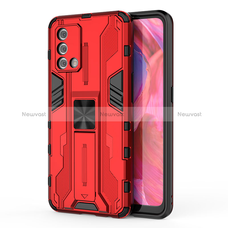 Silicone Matte Finish and Plastic Back Cover Case with Magnetic Stand for Oppo F19 Red