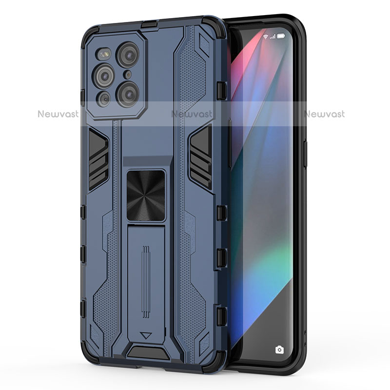 Silicone Matte Finish and Plastic Back Cover Case with Magnetic Stand for Oppo Find X3 Pro 5G Blue