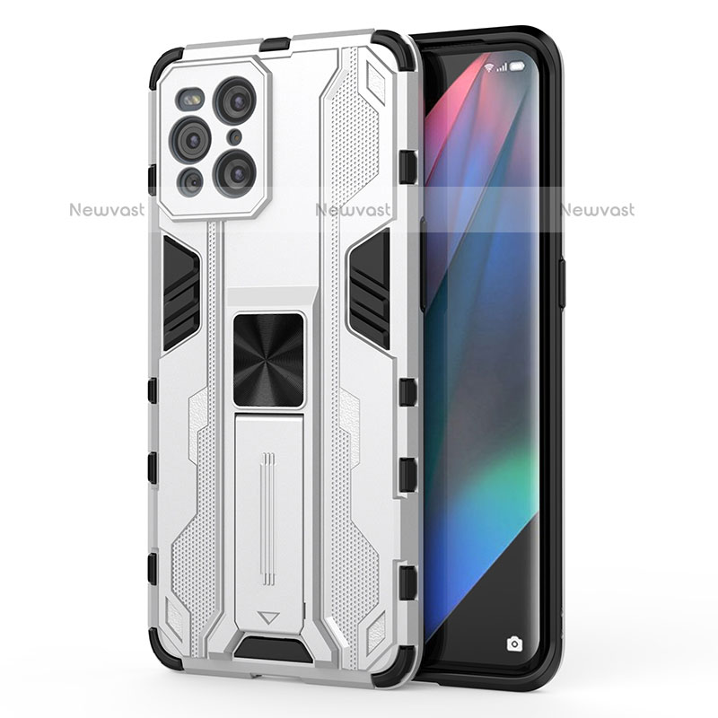 Silicone Matte Finish and Plastic Back Cover Case with Magnetic Stand for Oppo Find X3 Pro 5G White