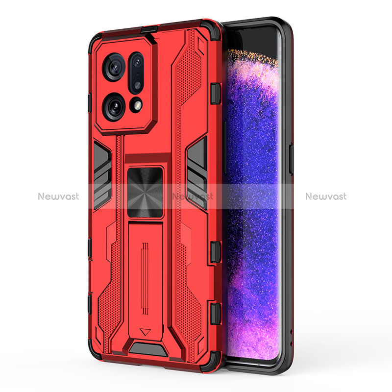 Silicone Matte Finish and Plastic Back Cover Case with Magnetic Stand for Oppo Find X5 5G Red