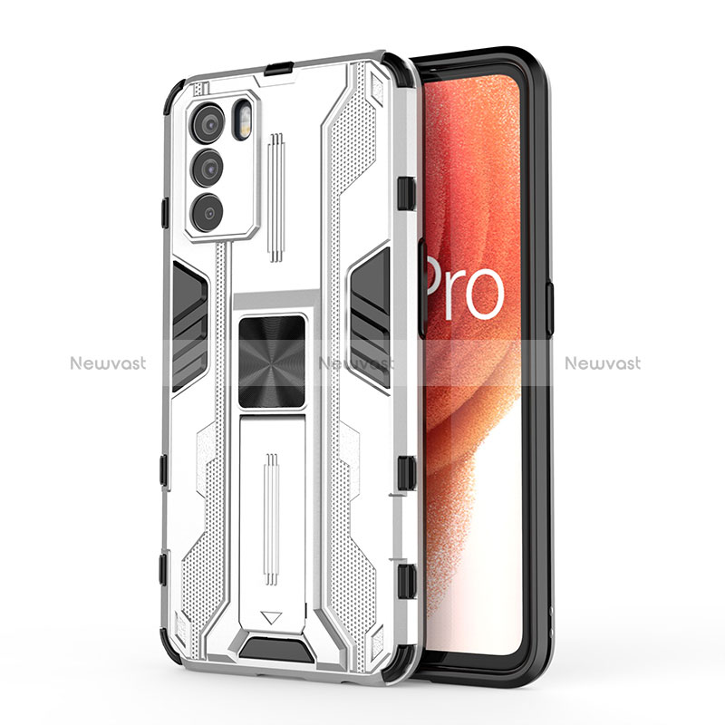 Silicone Matte Finish and Plastic Back Cover Case with Magnetic Stand for Oppo K9 Pro 5G White