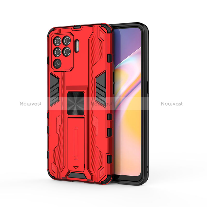 Silicone Matte Finish and Plastic Back Cover Case with Magnetic Stand for Oppo Reno5 F Red