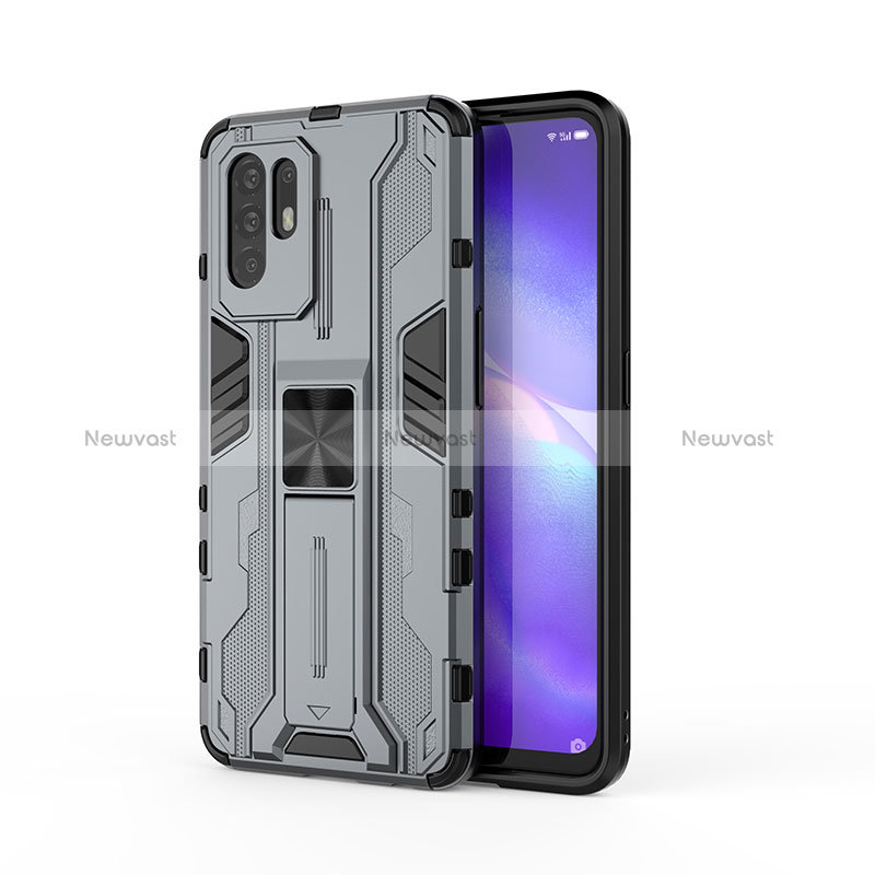 Silicone Matte Finish and Plastic Back Cover Case with Magnetic Stand for Oppo Reno5 Z 5G Gray