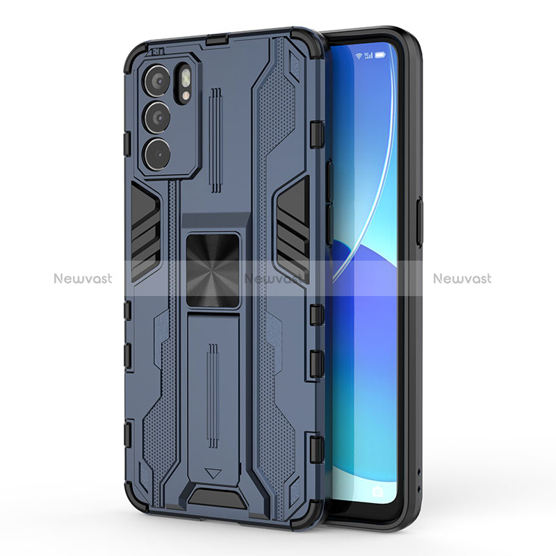 Silicone Matte Finish and Plastic Back Cover Case with Magnetic Stand for Oppo Reno6 5G Blue