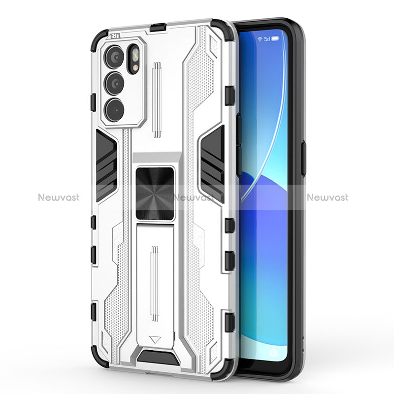 Silicone Matte Finish and Plastic Back Cover Case with Magnetic Stand for Oppo Reno6 5G White