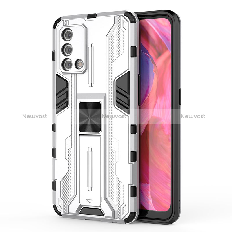 Silicone Matte Finish and Plastic Back Cover Case with Magnetic Stand for Oppo Reno6 Lite White