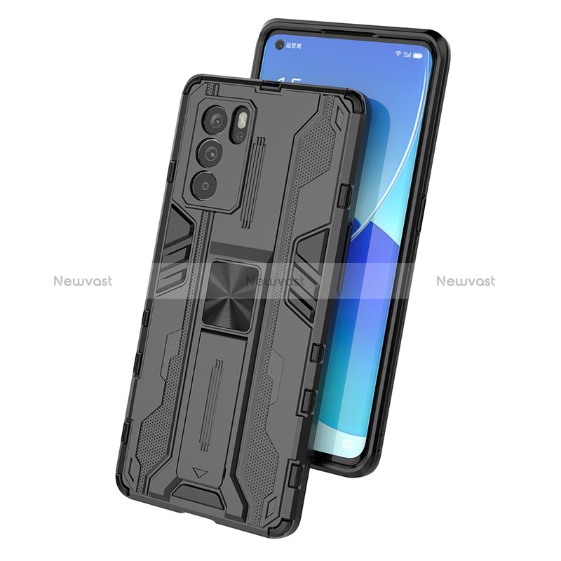 Silicone Matte Finish and Plastic Back Cover Case with Magnetic Stand for Oppo Reno6 Pro 5G India