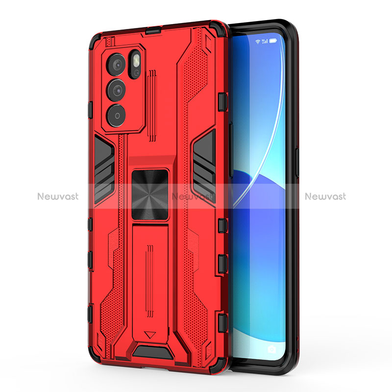 Silicone Matte Finish and Plastic Back Cover Case with Magnetic Stand for Oppo Reno6 Pro 5G India