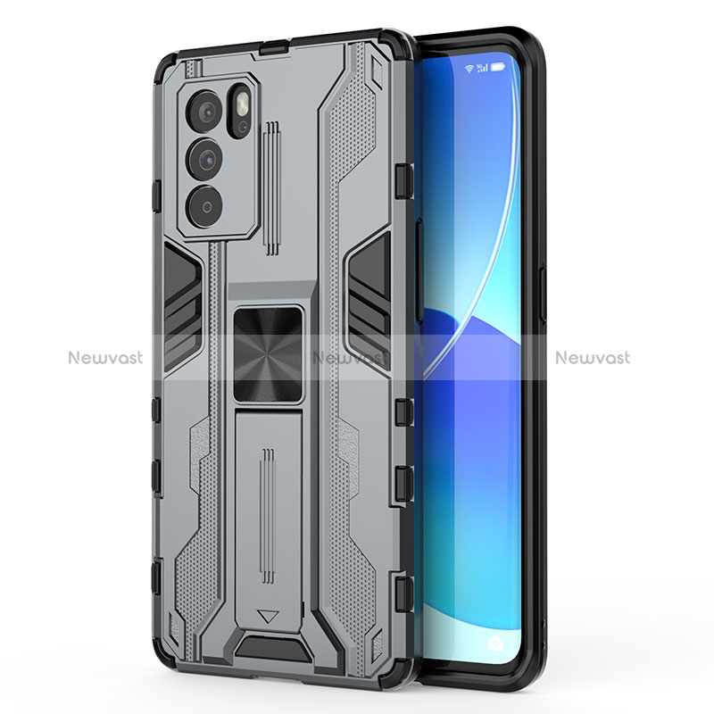 Silicone Matte Finish and Plastic Back Cover Case with Magnetic Stand for Oppo Reno6 Pro 5G India Gray