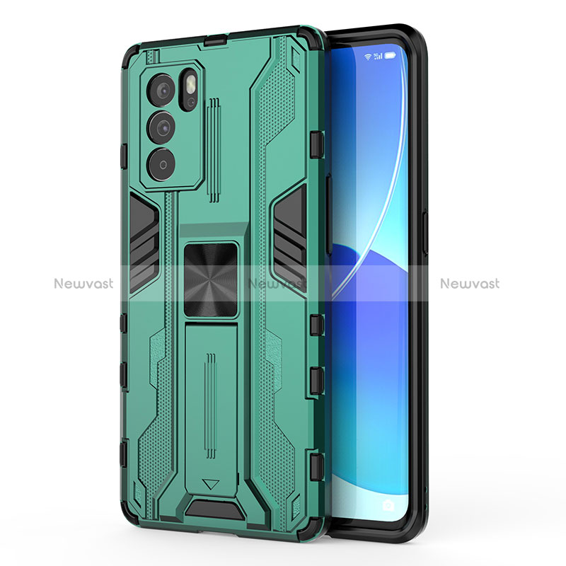 Silicone Matte Finish and Plastic Back Cover Case with Magnetic Stand for Oppo Reno6 Pro 5G India Green